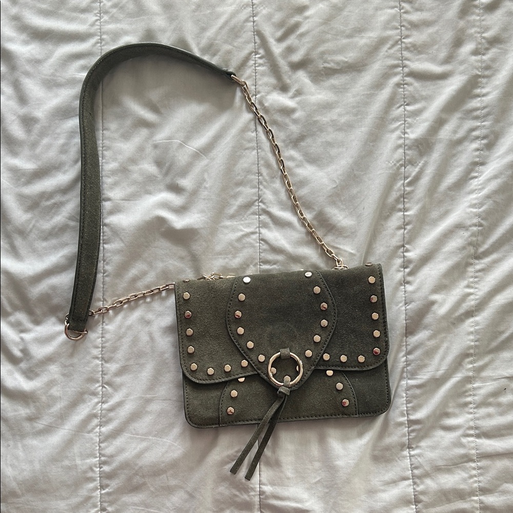 ZARA Olive Green Suede Crossbody Bag with Stud Detail